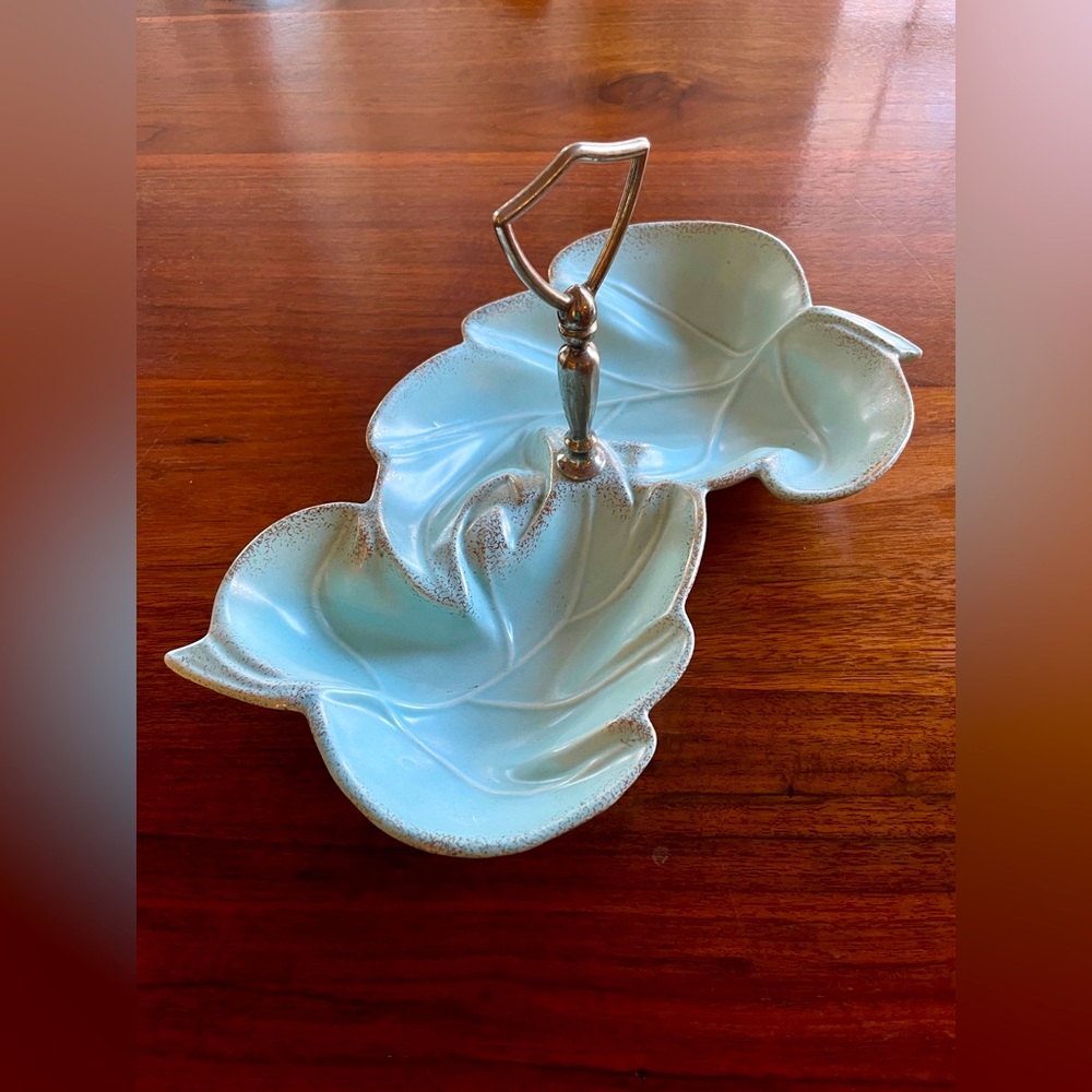 Vintage Midcentury USA pottery divided dish light teal blue and silver